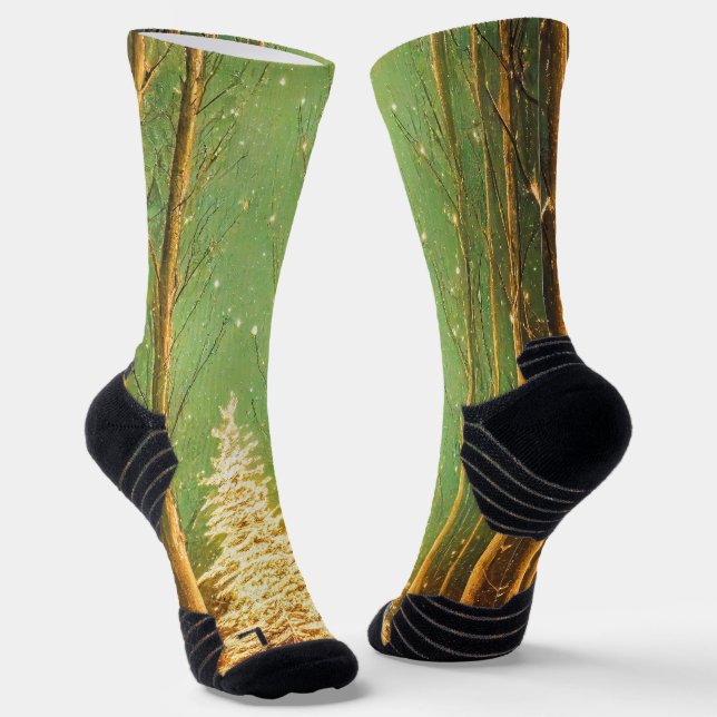 Modern Gold and Green Trees in Forest Socks (Angled)