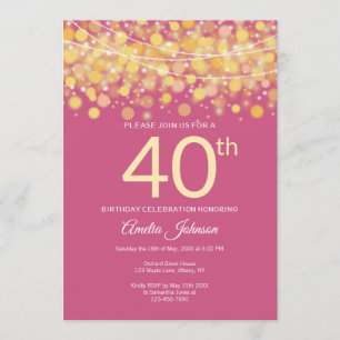 Modern Gold and Pink String lights 40th birthday Invitation