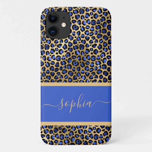 Modern Gold and Royal Leopard Print Personalized  Case-Mate iPhone Case (Back)