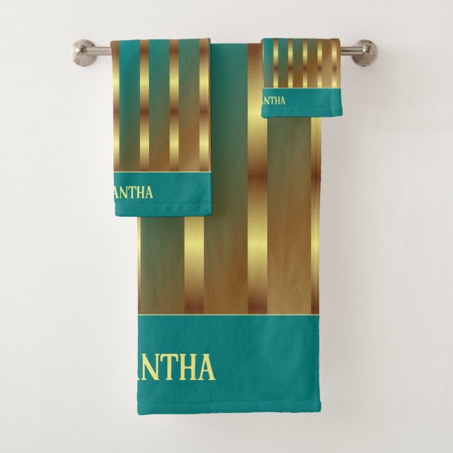 Modern Gold And Teal Blue Gradient Stripes Bath Towel Set (Insitu)