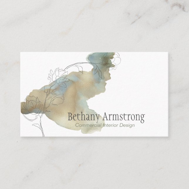 Modern Gold and Teal Swash Hand-Drawn Jasmine Business Card (Front)