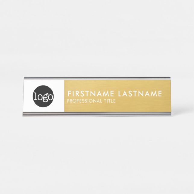 Modern Gold and White - Add Logo, Name, Title Desk Name Plate (Front)