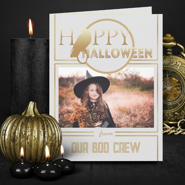 Modern Gold And White Chic Adult Happy Halloween  Card (Elegant white and gold Halloween invitations with photo)
