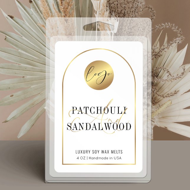Modern Gold Arch Lux Logo Waterproof Product Label (Create elegant product stickers with these white and gold waterproof labels)