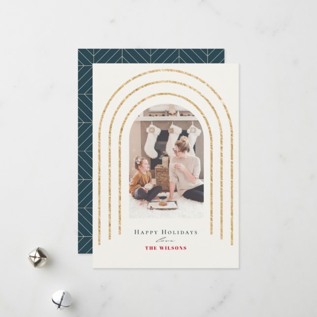 Modern Gold Arches Photo Christmas Navy Holiday Card (Front/Back In Situ)