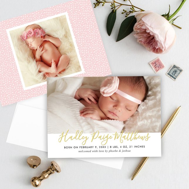 Modern Gold Baby Girl Photo Birth Announcement (Creator Uploaded)