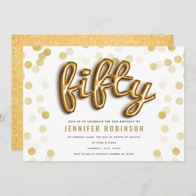 Modern Gold Balloons Glitter 50th Birthday Invitation (Front/Back)