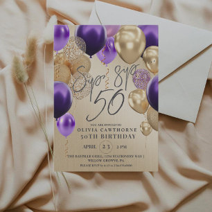 Modern Gold Balloons Purple 50th Birthday Party  Invitation