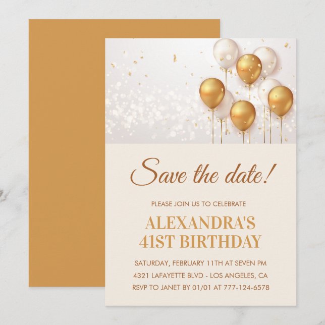 Modern Gold Balloons Save the date 41st birthday Invitation (Front/Back)