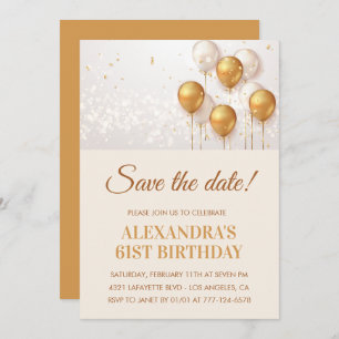 Modern Gold Balloons Save the date 61st birthday Invitation
