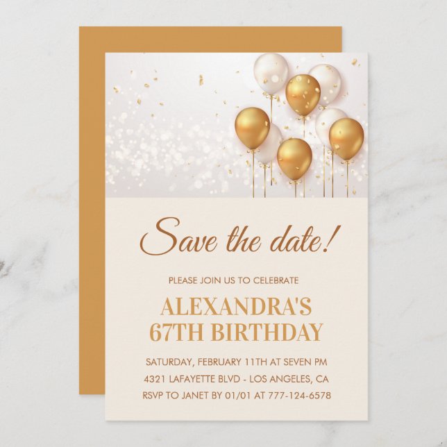 Modern Gold Balloons Save the date 67th birthday Invitation (Front/Back)