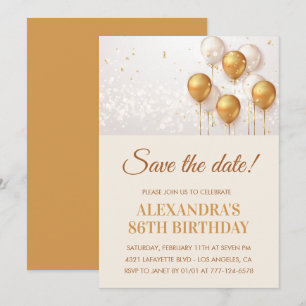 Modern Gold Balloons Save the date 86th birthday Invitation