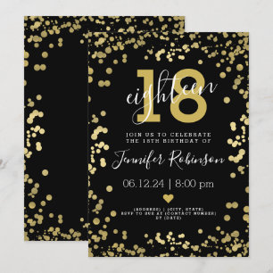 Modern Gold & Black 18th Birthday Party Foil Dots Invitation
