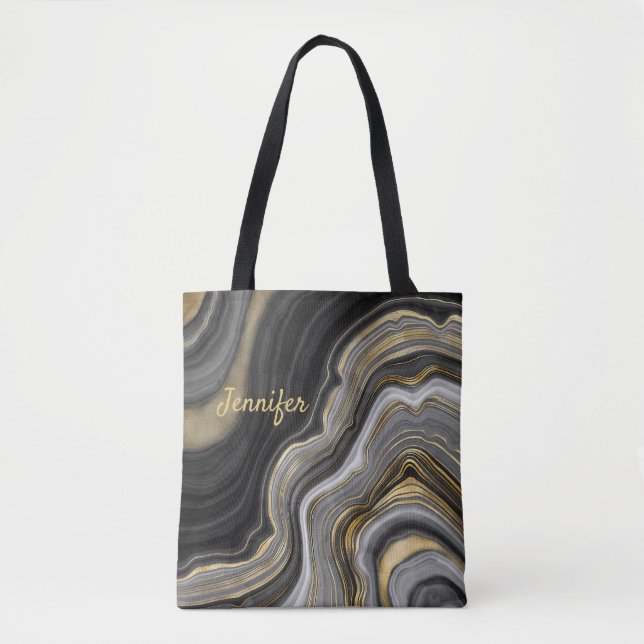 Modern Gold Black Agate Crystal Personalize Name Tote Bag (Front)