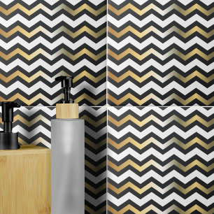 Modern Gold Black and White Zigzag Chevron Pattern Tile