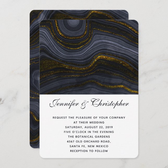 Modern Gold Black Blue-Grey Agate Abstract Wedding Invitation (Front/Back)