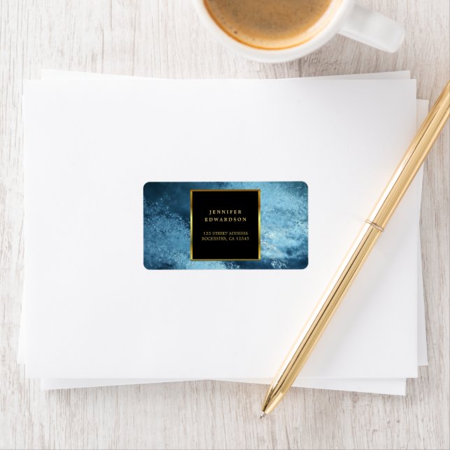 Modern gold black blue ice return address label (Insitu)
