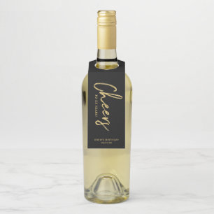 Modern Gold & Black Brush Lettering Cheers Party Bottle Tag