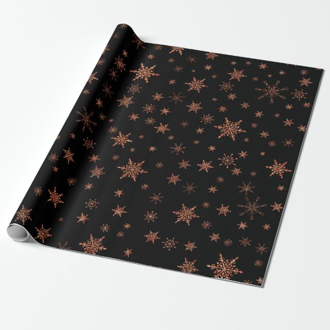 Modern Gold Black Christmas Snowflakes Glitter Wrapping Paper (Unrolled)