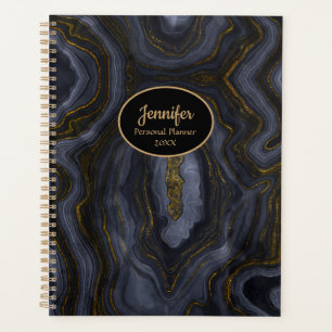 Modern Gold & Black Crystal Agate Personalize Planner
