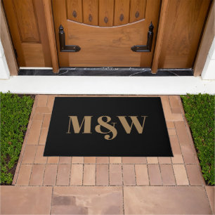 Modern gold black custom couple monogram initials  doormat
