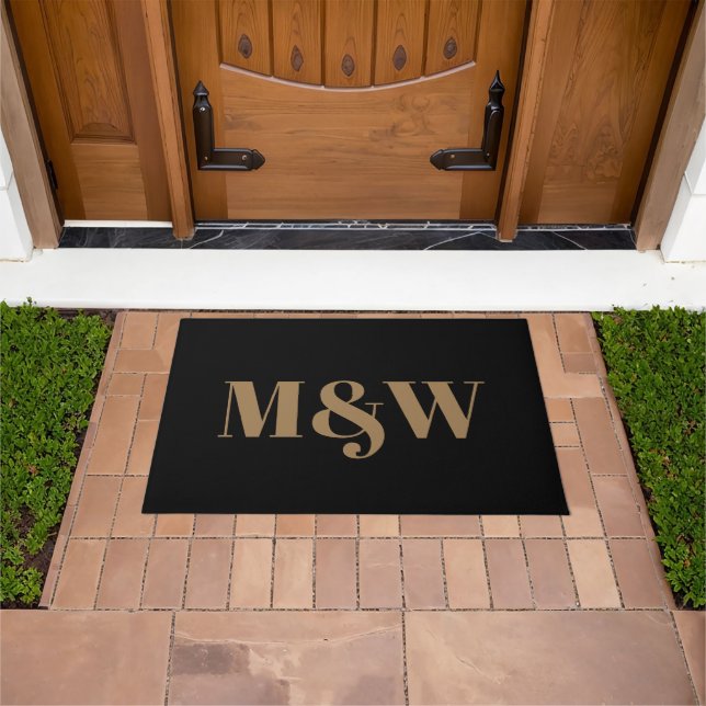 Modern gold black custom couple monogram initials  doormat (Outdoor)