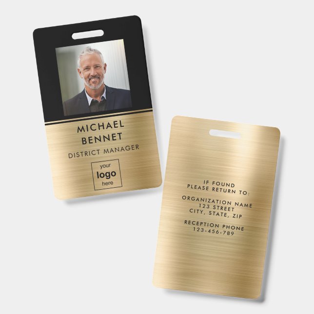 Modern Gold Black Employee Photo ID Badge (Front & Back)