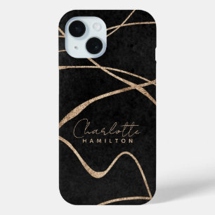 Modern gold black faux glitter personalized name iPhone 15 case