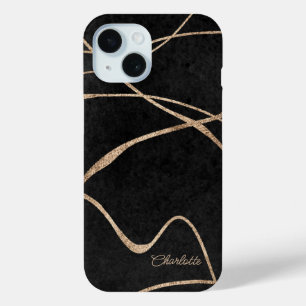 Modern gold black faux glitter personalized name iPhone 15 case
