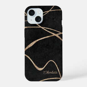 Modern gold black faux glitter personalized name iPhone 15 case