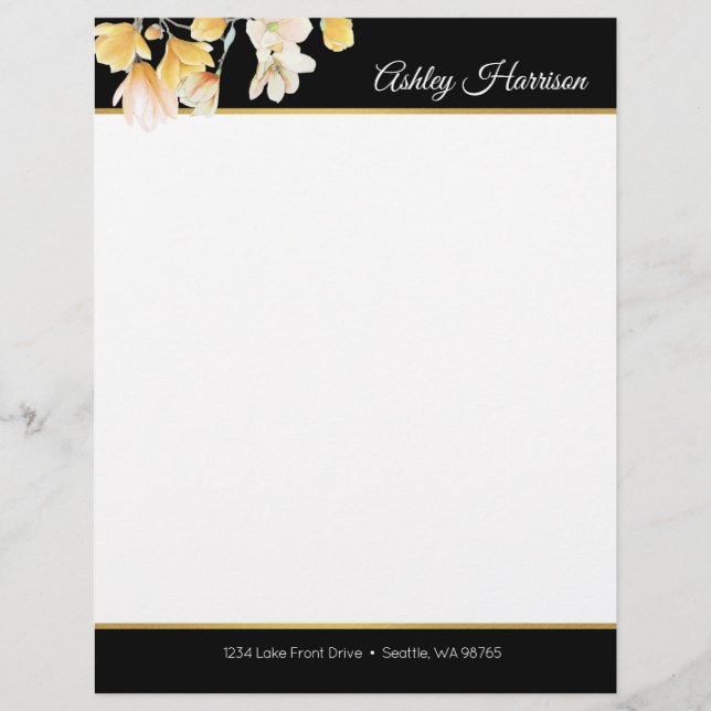 Modern Gold Black Floral Hand Lettered Typography Letterhead (Front)