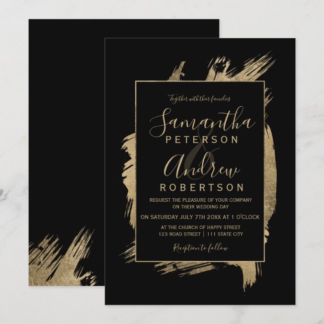 Modern gold black frame typography wedding invitation (Front/Back)