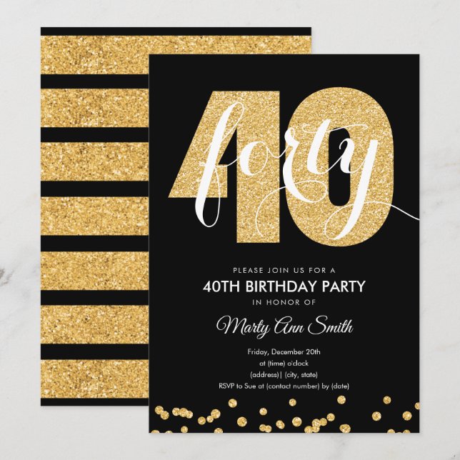 Modern Gold & Black Glitter 40th Birthday Party Invitation (Front/Back)