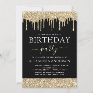 Modern Gold Black Glitter Any Age Birthday Invitation