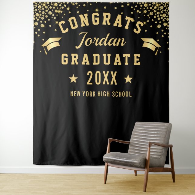 Modern Gold Black Graduation Photo Booth Backdrop Tapestry (In Situ)