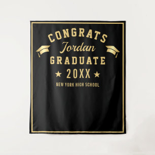 Modern Gold Black Graduation Photo Booth Backdrop Tapestry