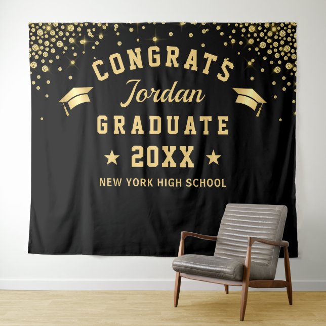 Modern Gold Black Graduation Photo Booth Backdrop Tapestry (In Situ (Horizontal))