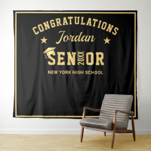 Modern Gold Black Graduation Photo Booth Backdrop Tapestry