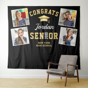 Modern Gold Black Graduation Photo Booth Backdrop Tapestry