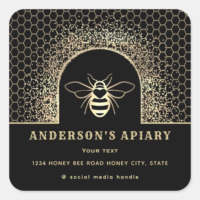 Modern gold black honey apiary beekeepers  square sticker (Front)