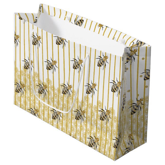 Modern Gold & Black Honey Bee Hive Large Gift Bag (Front Angled)