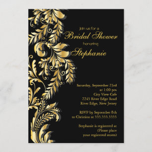 Modern Gold Black Leaf Swirl Bridal Shower Invitation