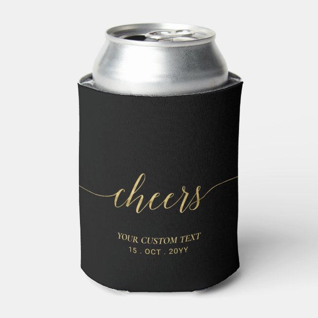 Modern Gold & Black Lettering Cheers Party Favour Can Cooler (Can Front)