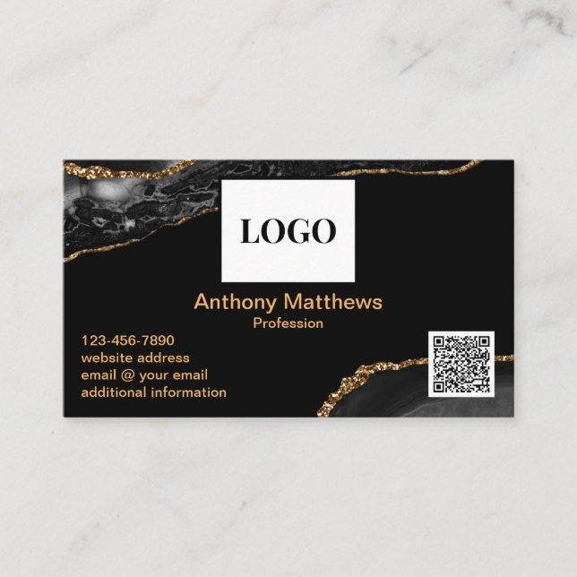 Modern Gold Black Marble Add Logo and QR Code Business Card (Front)