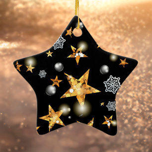 Modern Gold Black Metallic Stars Merry Christmas Ceramic Ornament