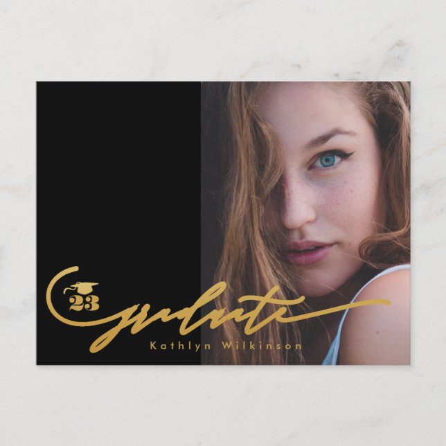 Modern Gold Black Minimalist Chic Photo GRAD Invitation Postcard (Front)