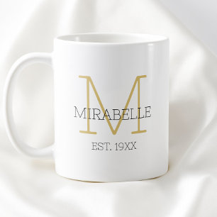 Modern Gold Black Minimalist Initial Name Monogram Coffee Mug