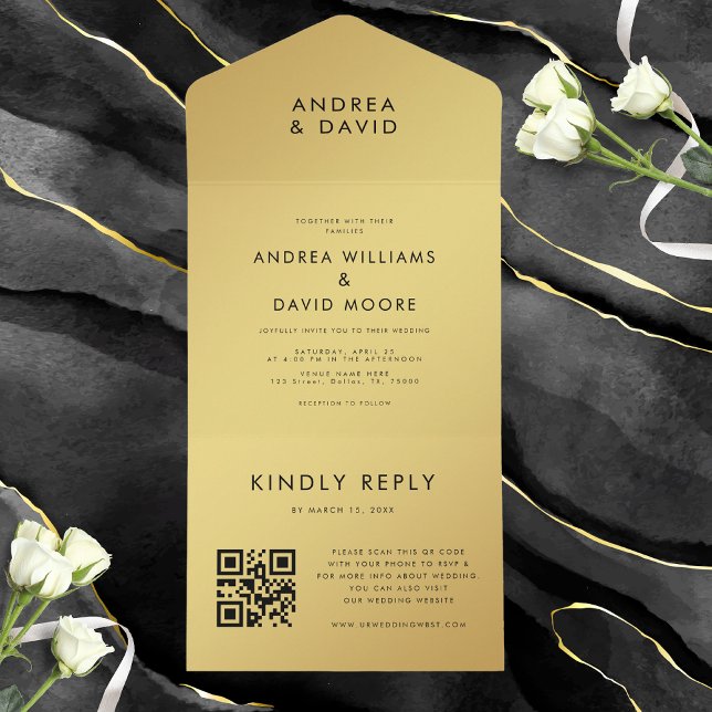 Modern Gold Black Minimalist QR Code RSVP Wedding  All In One Invitation (Creator Uploaded)