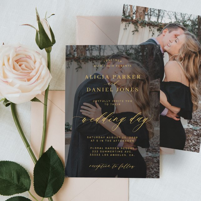Modern gold black overlay photo wedding invitation (Creator Uploaded)