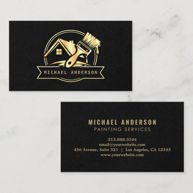 Modern Gold & Black Painting Service House Painter Business Card (Front/Back)